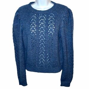 Lush Denim Blue Multi Speckled Open Knit Crewneck Puff Sleeve Sweater M